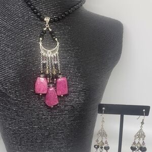 Elegant Ruby Quartz and Black Onyx  Necklace and Earring Set